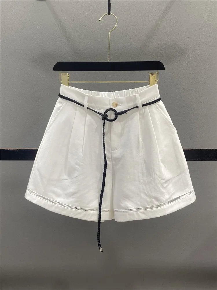 

White High Waist Linen Shorts Women's Summer Design Hollow out Loose Slim A-Line Casual Wide Leg Hot Pants Casual Cotton Blend