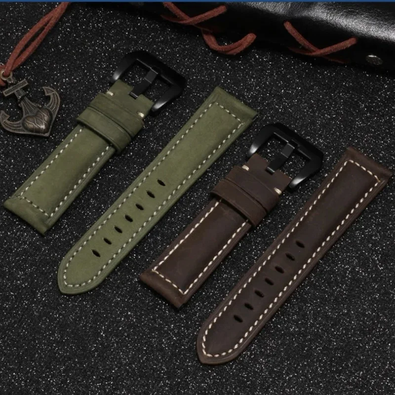 حزام ساعة جلدي عالمي 20/22/24/26 مللي متر عقدة من الخيزران نمط شمع الزيت سوار من الجلد المجنون لساعة بانيراي ريترو