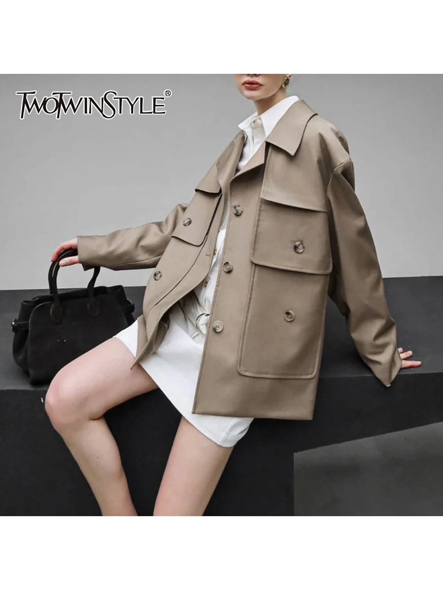 

TWOTWINSTYLE Solid Spliced Single Breasted Temperament Jackets for Women Lapel Long Sleeves Patchwork Pockets Jacket Female New