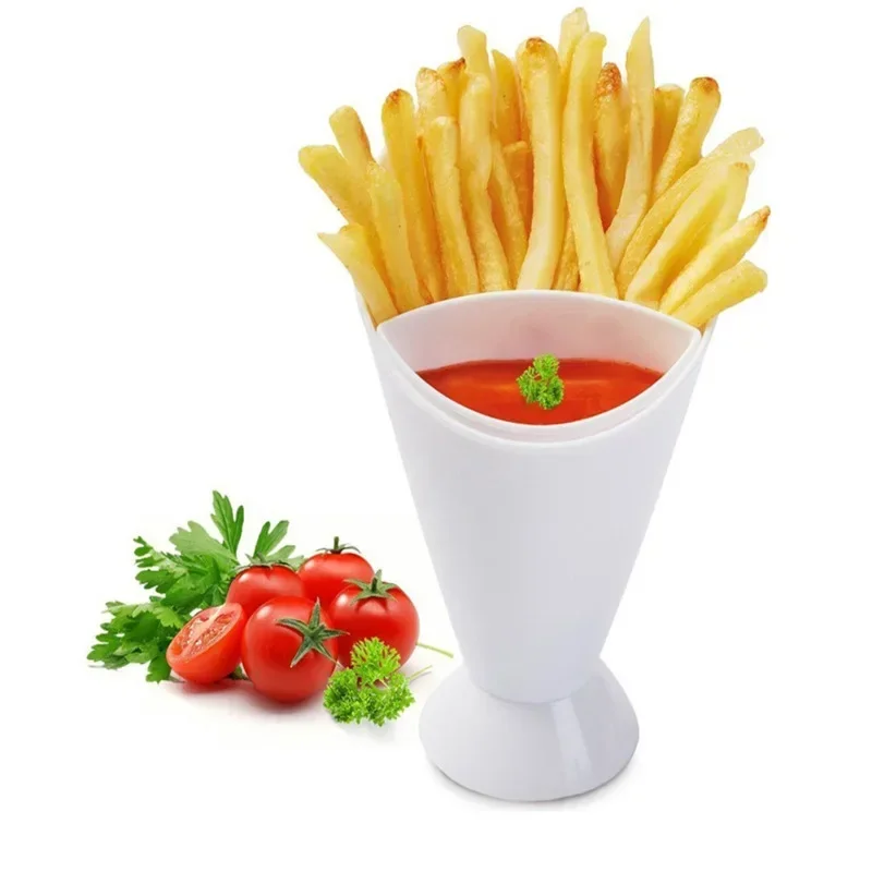 Plastic Cup Self Stand 2 in 1  French Fries Shelf Holder Assorted Sauce Chips Snack Cone Dip Cup Tableware Two Cup-mouth Kitchen