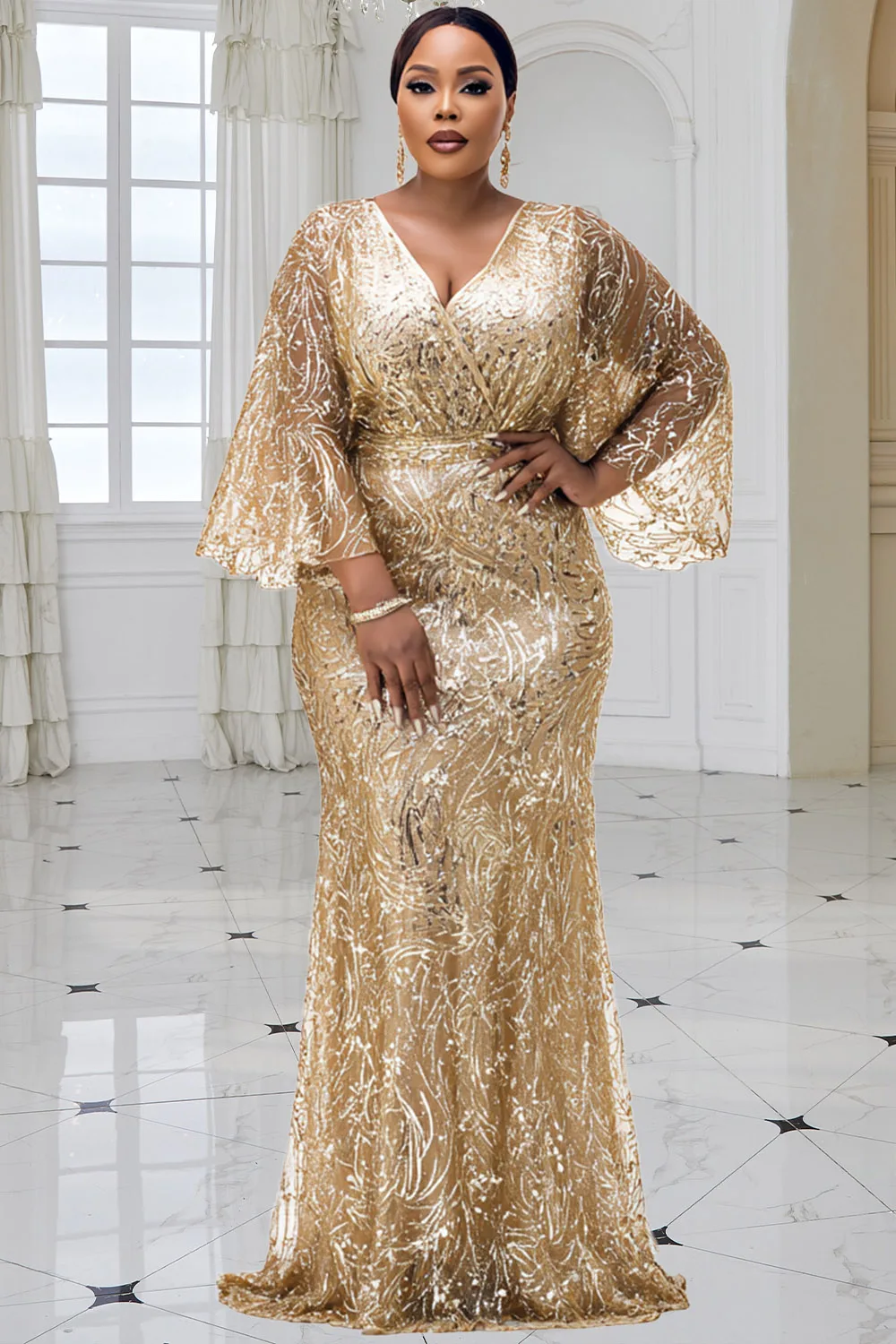 

Plus Size Formal Gold Wrap Neck Flare 3/4 Sleeve Bodycon Elegant Maxi Dresses