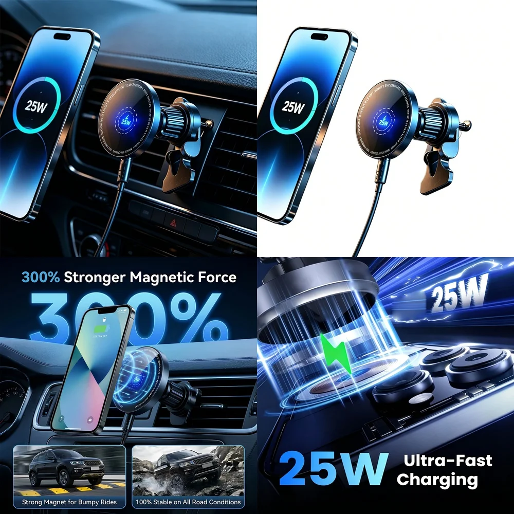 25W Super Fast Magnetic Wireless Car Charger Air Vent Phone Holder for iPhone 17 16 15 14 13 12 Pro Max Plus Smart Charging