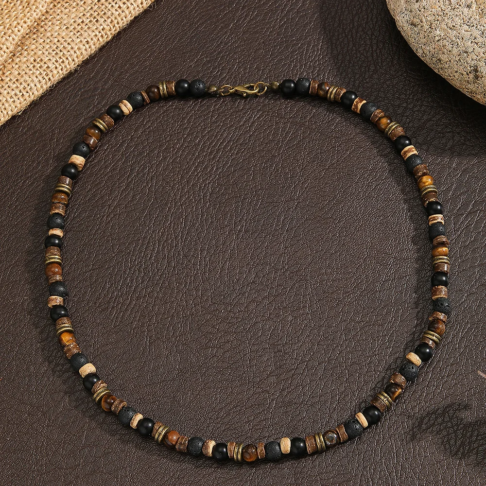 Hip-Hop-Tiger-Augen-Stein-Kokosnuss-Holzperlen-Choker Retro-Herrenkettenhalskette Modischer Damenschmuck Trendige Accessoires – Detail 5