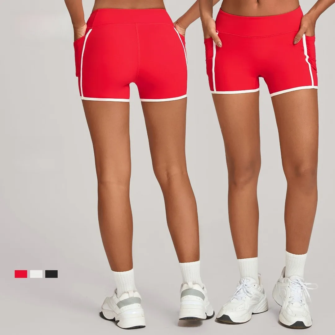 

Seamless Hip Lift Side Pocket Yoga Shorts Patchwork Color Block High Waist Yoga Wear Outdoor Running Sports Fitness Shorts