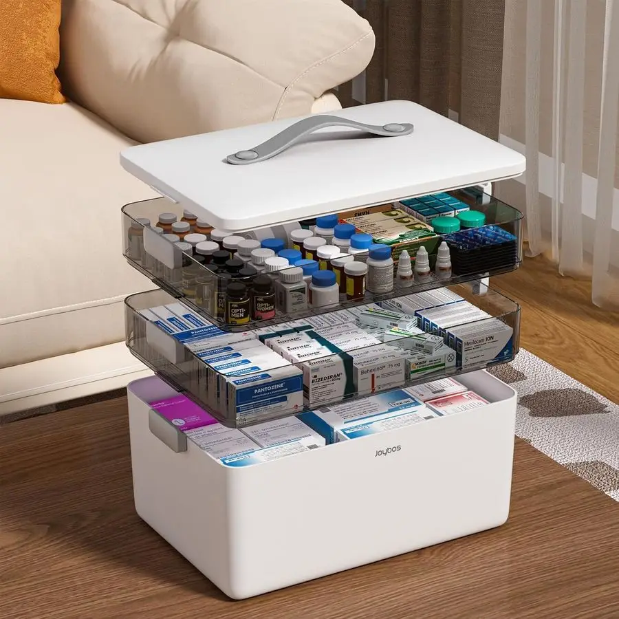 3Tier Medicine Storage Box Cabinet, Empty First Aid Kit Portable Medical Supply Organizer with Leather Handle for Home 3Tier Med