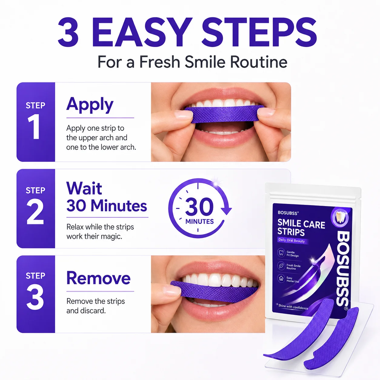 1Pair Purple Smile Care Strips, Upper and Lower Oral Beauty Strips with Flexible Fit, Easy-Peel Design for At-Home Smile Routi