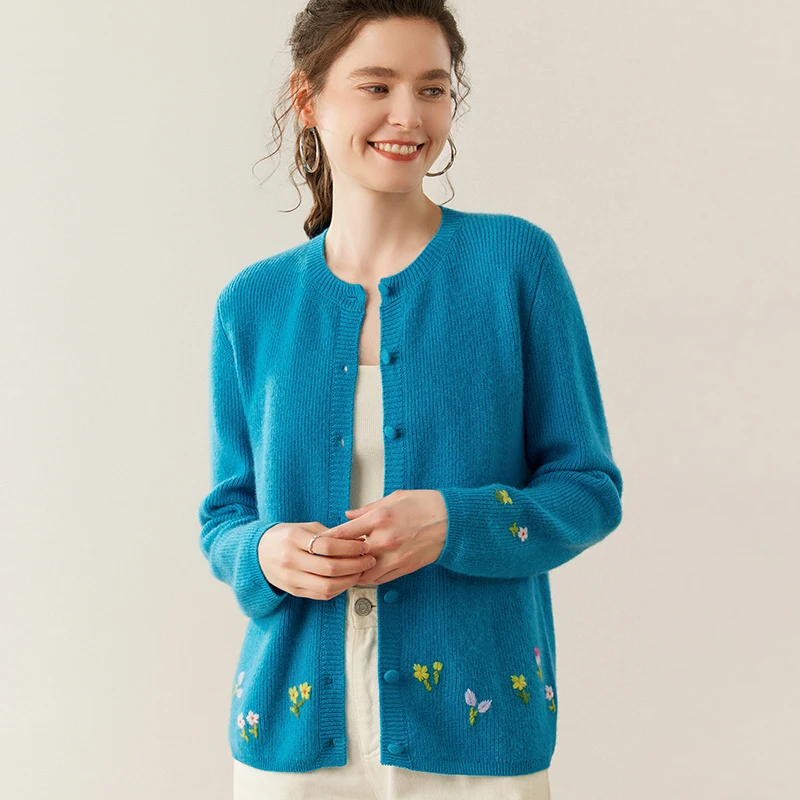2025 Chic Woman 100% Cashmere  Cardigan Soft Warm Knitwear O-Neck Sweater Hand-embroidered Flowers Autumn Winter Office Lady Top