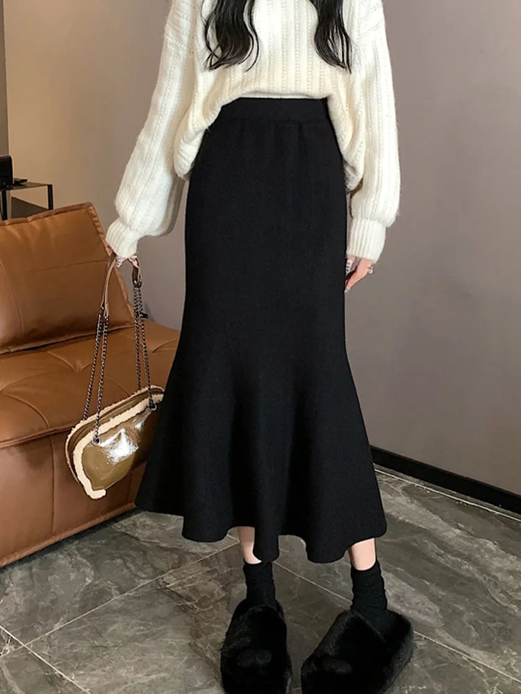 

Knitted Long Skirt Women Korean Fashion Slim High Waist Fishtail Skirt Female Autumn Winter Elegant Slim Ruffles Wrap Hip Skirts