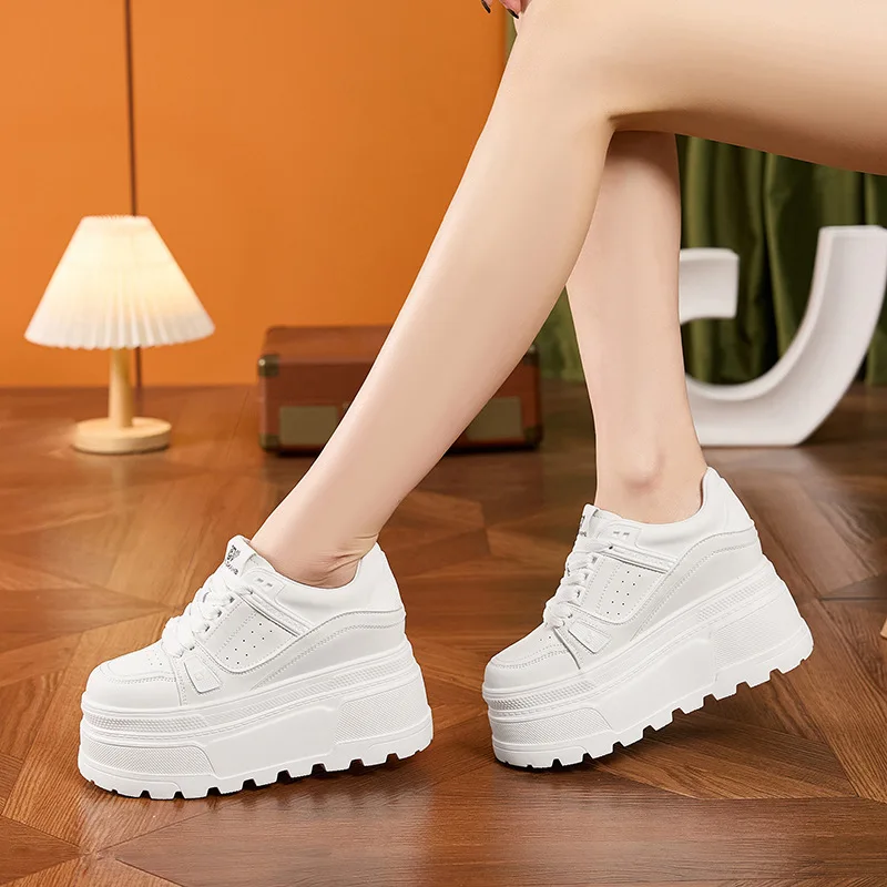 10cm New Arrival 2025 Women's White Canvas Shoes Thick Platform Sole Casual Sneakers Fashion Height Increasing Shoes