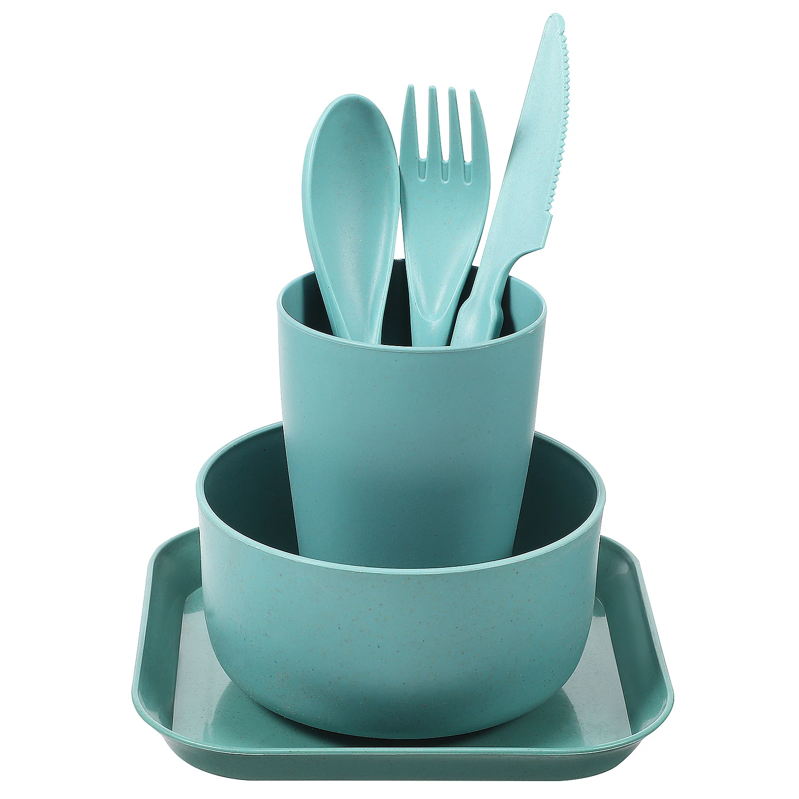 

1 set Cyan Tableware Set Unbreakable Reusable Cutlery Travel Camping Bowl Cup Plate Spoon Fork Knife Home