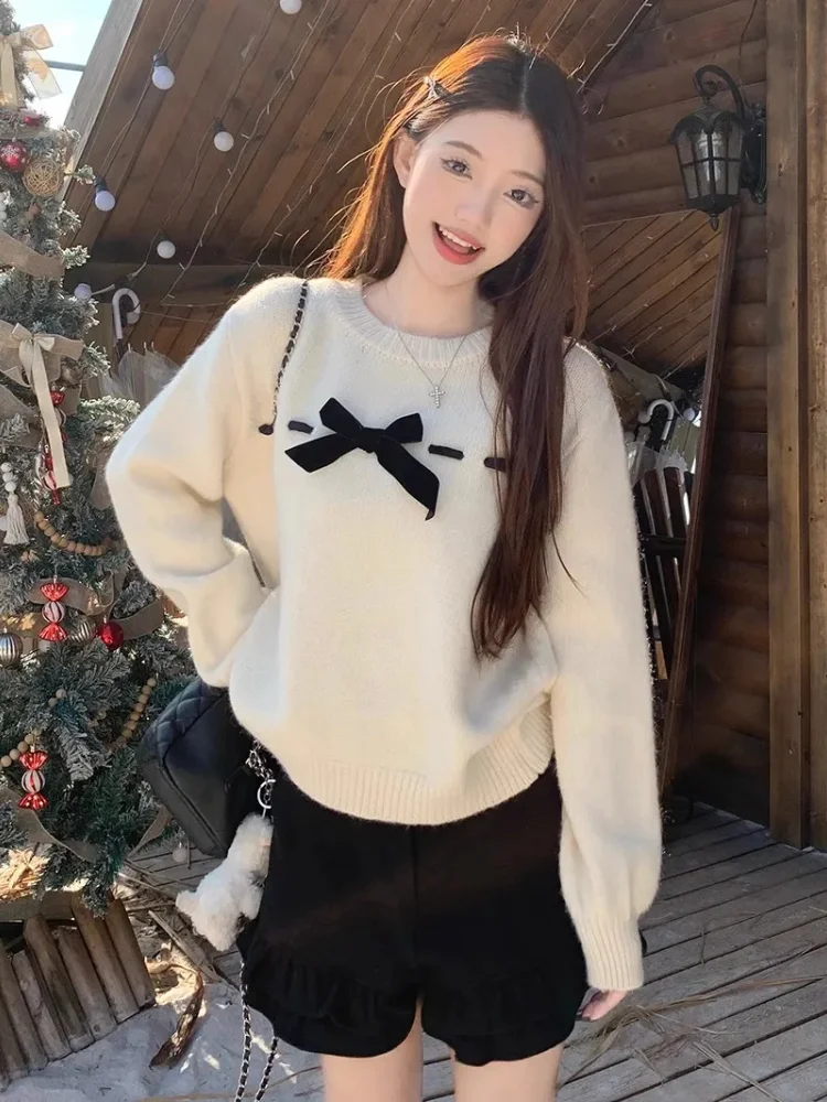 Sweet Velvet Bow Y2k Sweater Women Autumn Winter O Neck Loose Long Sleeve Pullover Korean Simple Versatile Tops Jumper