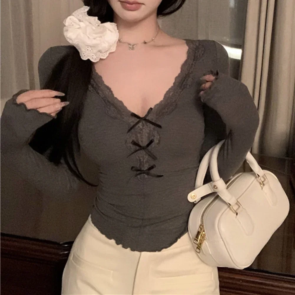 

Lace Bow V-neck Sexy Women T-shirt Long Sleeve Slim Tight Bottom Shirts Crop Tops Korean Solid Tees For Girls