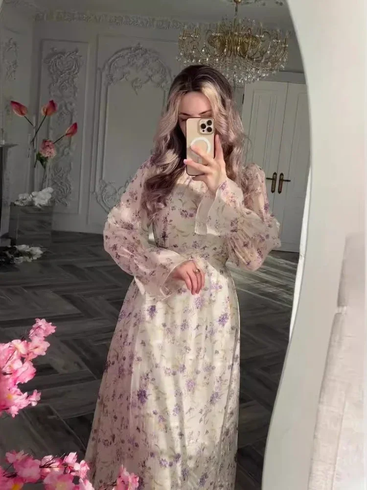 Eid Party Dress for Women Floral Chiffon Sweet Vestidos Eid Muslim Abaya Dress Jalabiya Ramadan Dubai Abayas Arab Long Robe 2024