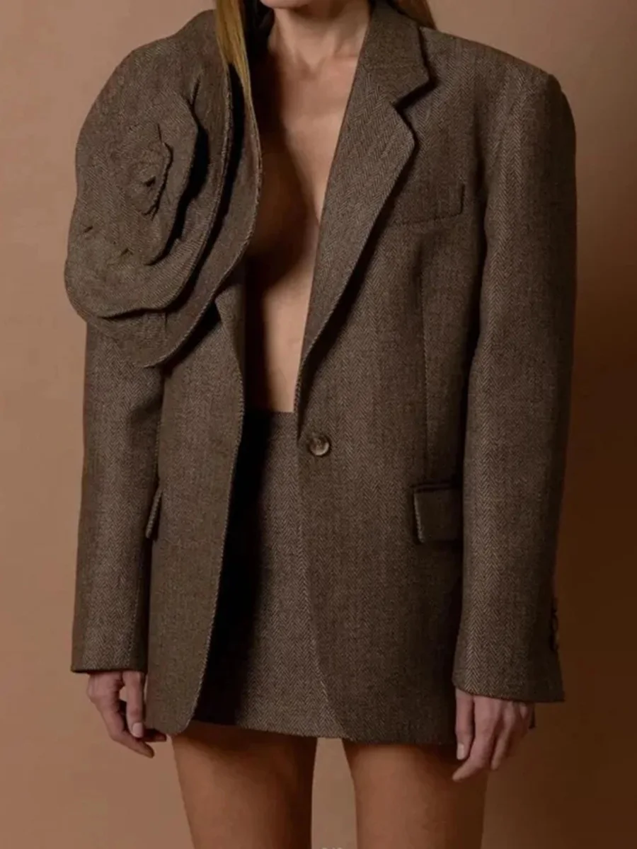 

Женский винтажный художественный костюм с 3D цветами, пальто свободного кроя на одной пуговице, сплошной цвет с карманами, осенне-зимняя мода