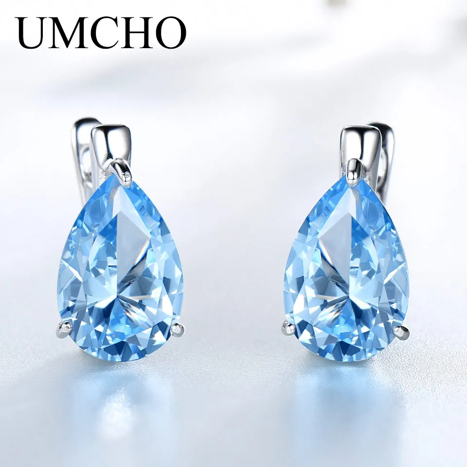 UMCHO Luxury Nano Gemstone Blue Topaz Clip Earrings For Women 925 Sterling Silver Clip On Earrings Water Drop Fine Jewelry Gift