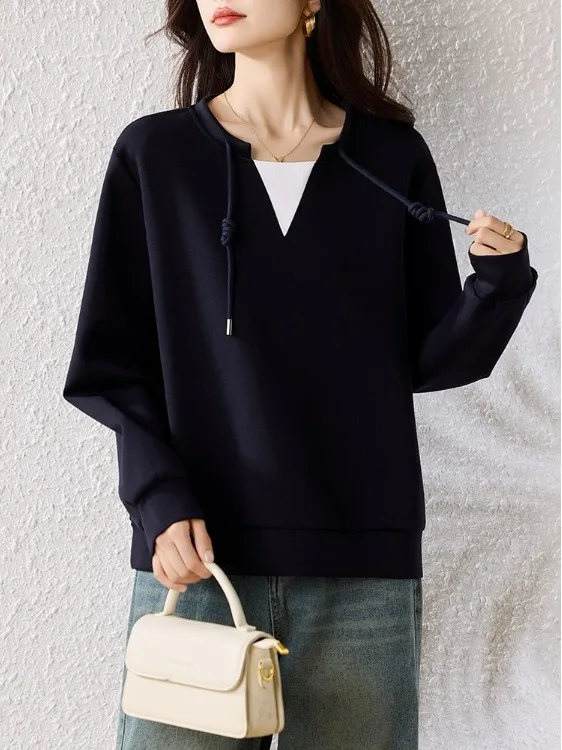 سترة نسائية رياضية كاجوال طويلة Sve مريحة بألوان علوية مكونة من قطعتين سترة بغطاء للرأس مناسبة للخريف #2