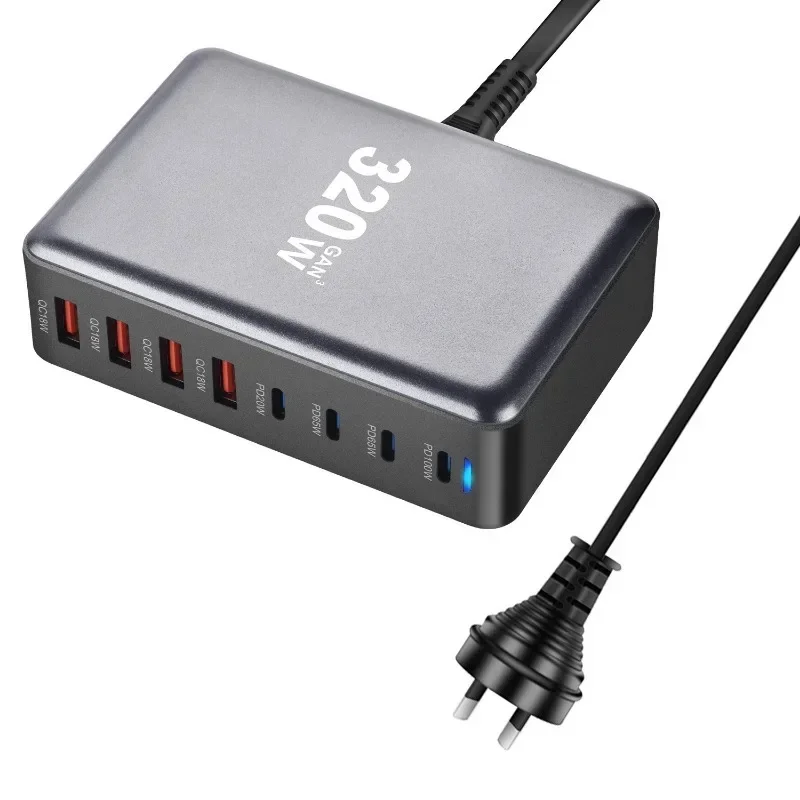 320W GaN Desktop Charger 8-port USB Type C PD Fast Charge 3.0 USB Type C Fast Mobile USB