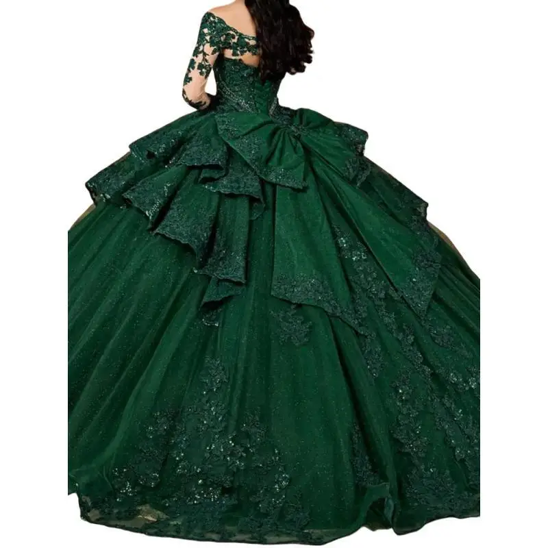 Custom Made Emerald Green Long Sleeve Prom Dress 2025 Lace Applique Bow Vestido De xv Anos Sweet 15 16 Quinceanera Party Dress 5