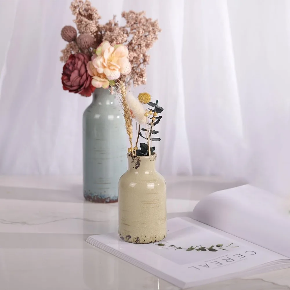 3-Piece Multicolor Ceramic Vase Set - Coastal Farmhouse Decor for Living Room, Dining Table, Shelf Display