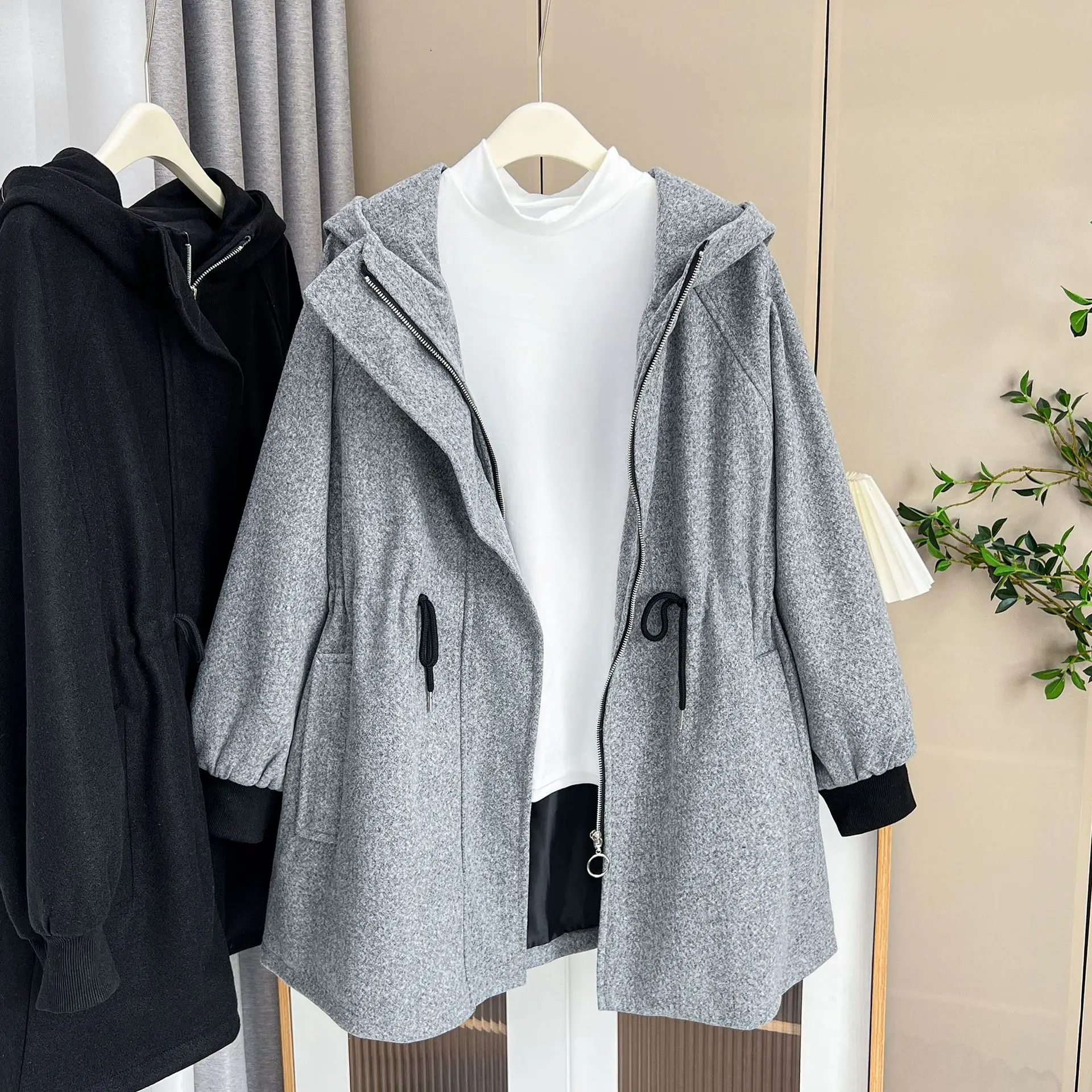 Womens Plus Size Autumn Winter Woolen Coat Casual Clothing MD-LONG Drawstring Waist Hooded Outwear Curve Overcoat S6 5709