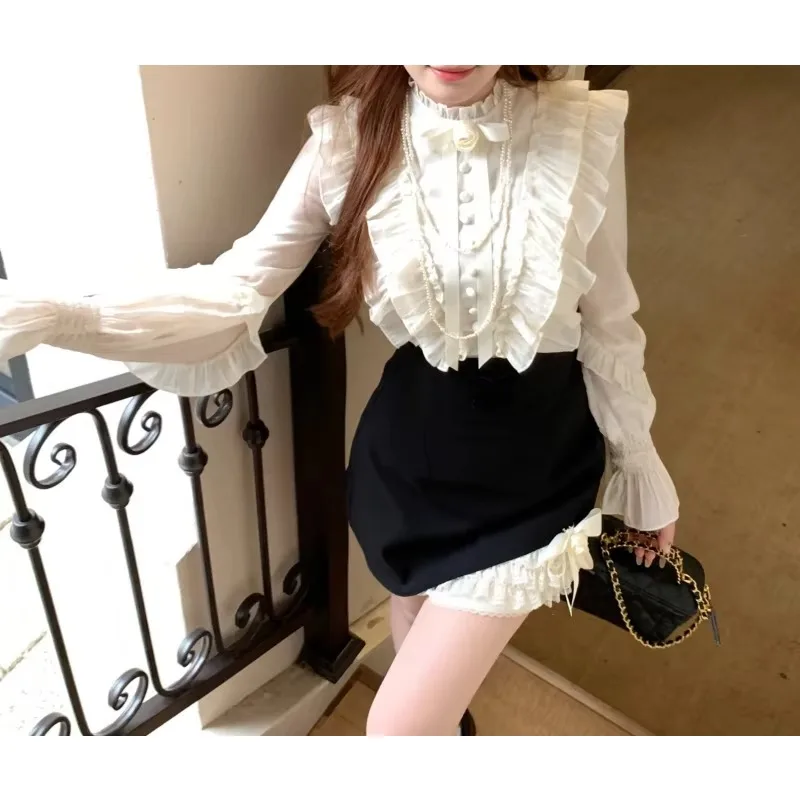 Women Sweet Princess 2 Piece Set Ruffles Long Sleeve Blouse and High Waist Above Knee Skirt Vintage Y2K Autumn Outfit