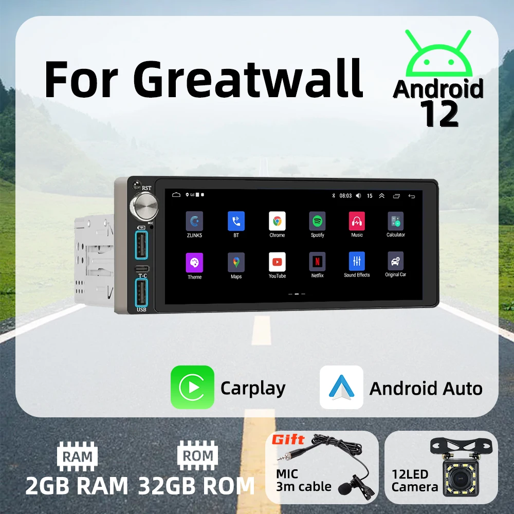 

Wireless Carplay Android Auto Autoradio 6.86" 1 Din Radio Android Car Multimedia for Greatwall Stereo Head Unit GPS Navigation