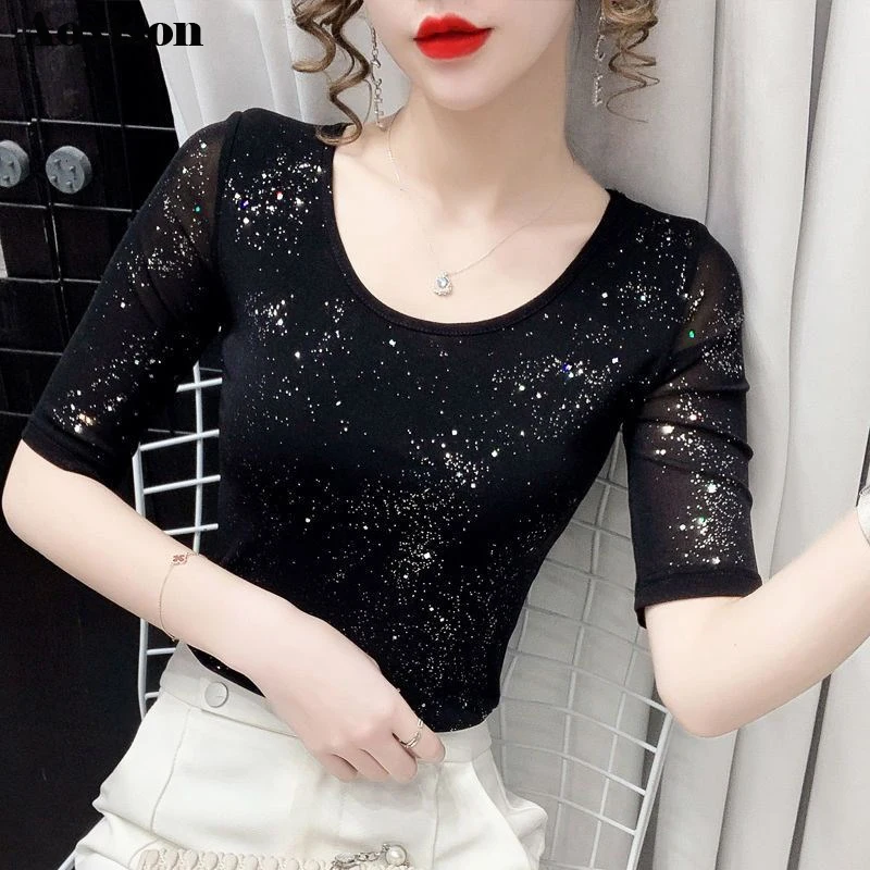 Summer Lady Mesh Tops Round Neck Short sleeved Bright Silk Tees Korean Fashion Black T shirt Women