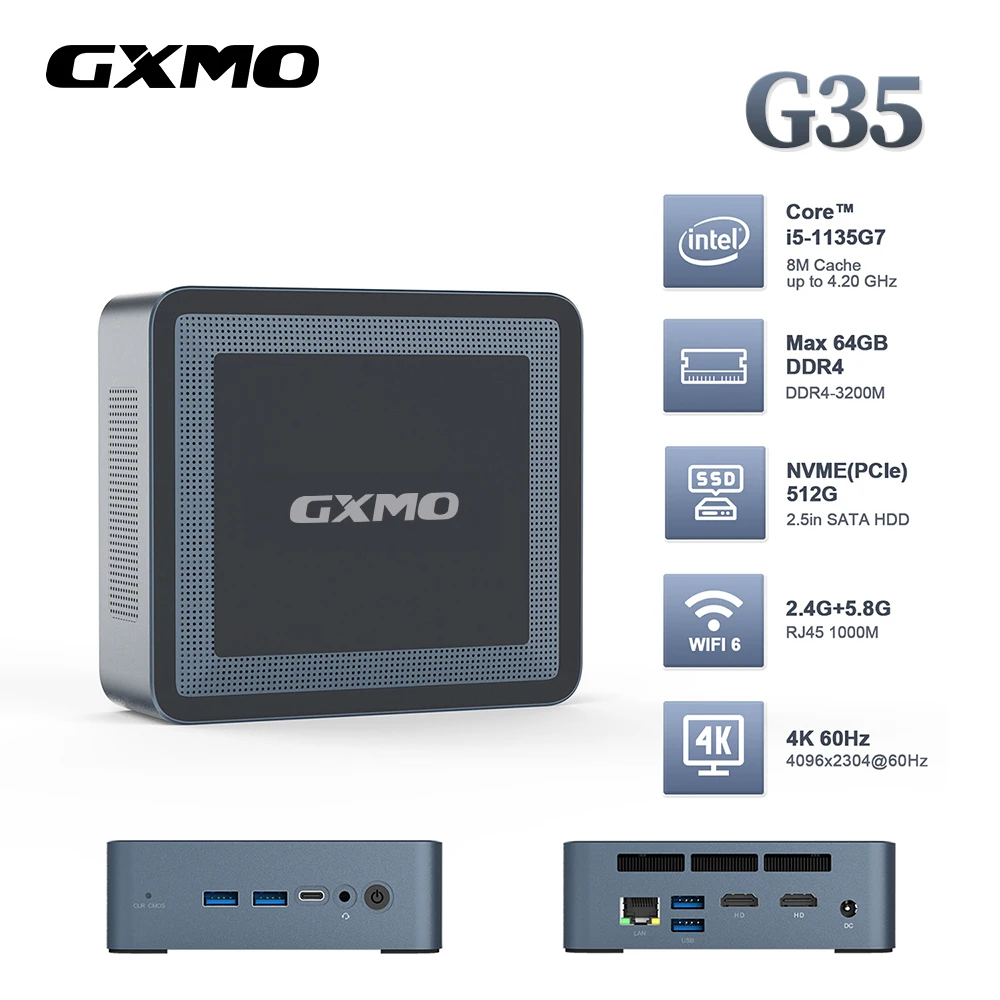 GXMO G35 Mini PC Mini Computer 111th Generation Intel® Core™ i5 Windows 11 Pro DDR4-3200M 16G 512G SSD WiFi6 BT5.2 4K Output 10