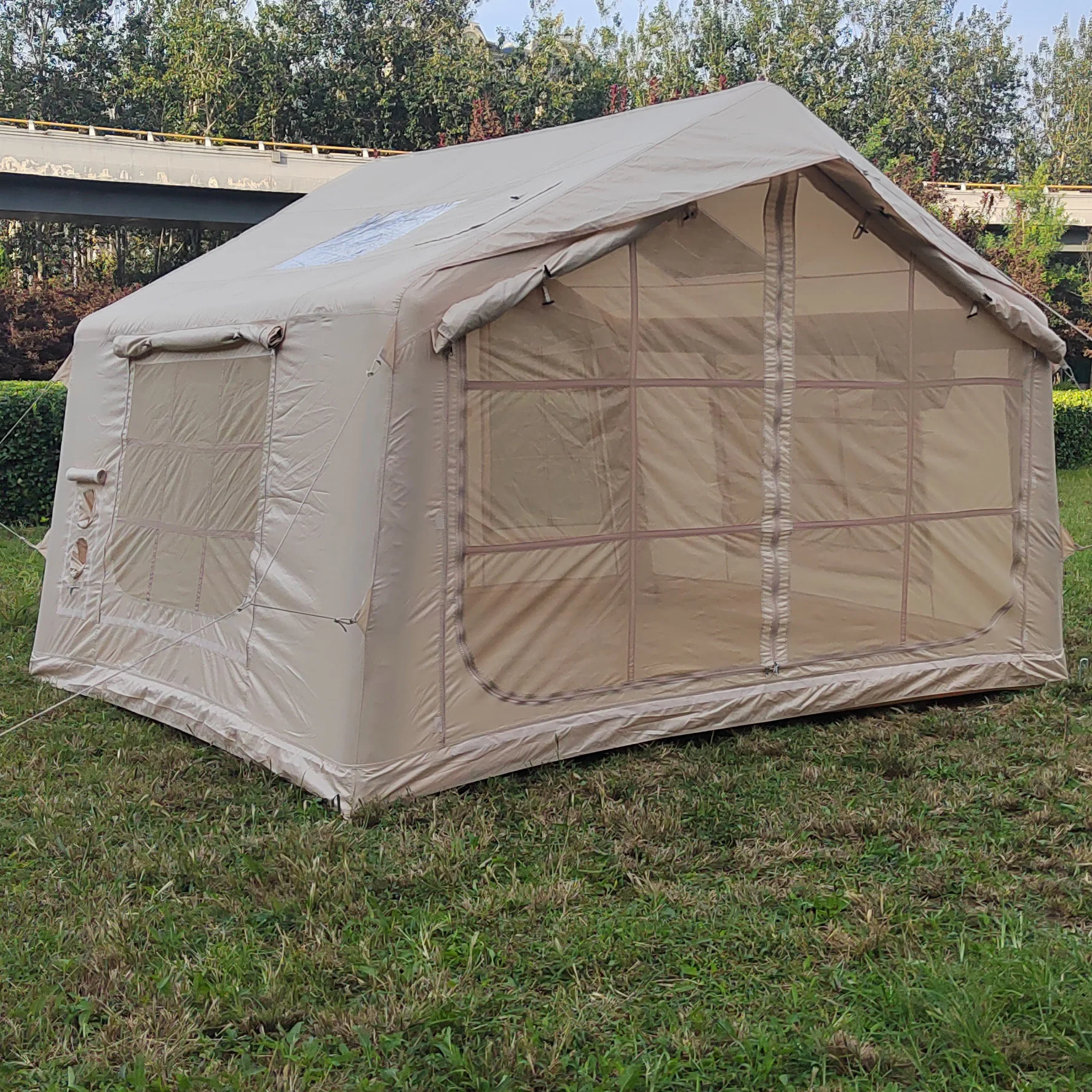 Large Inflatable Camping Tent Waterproof for 2-4 People with Mesh Windows Outdoor Air Blowing Portable Shelter with Pump