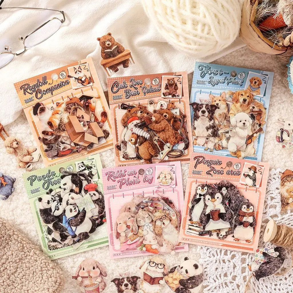 Journamm 30 Stück PET-Aufkleber, Hunde- und Katzenaufkleber, Scrapbook-Dekoraufkleber für Journaling, Scrapbooking, Planer, DIY, Basteln, Dekoration