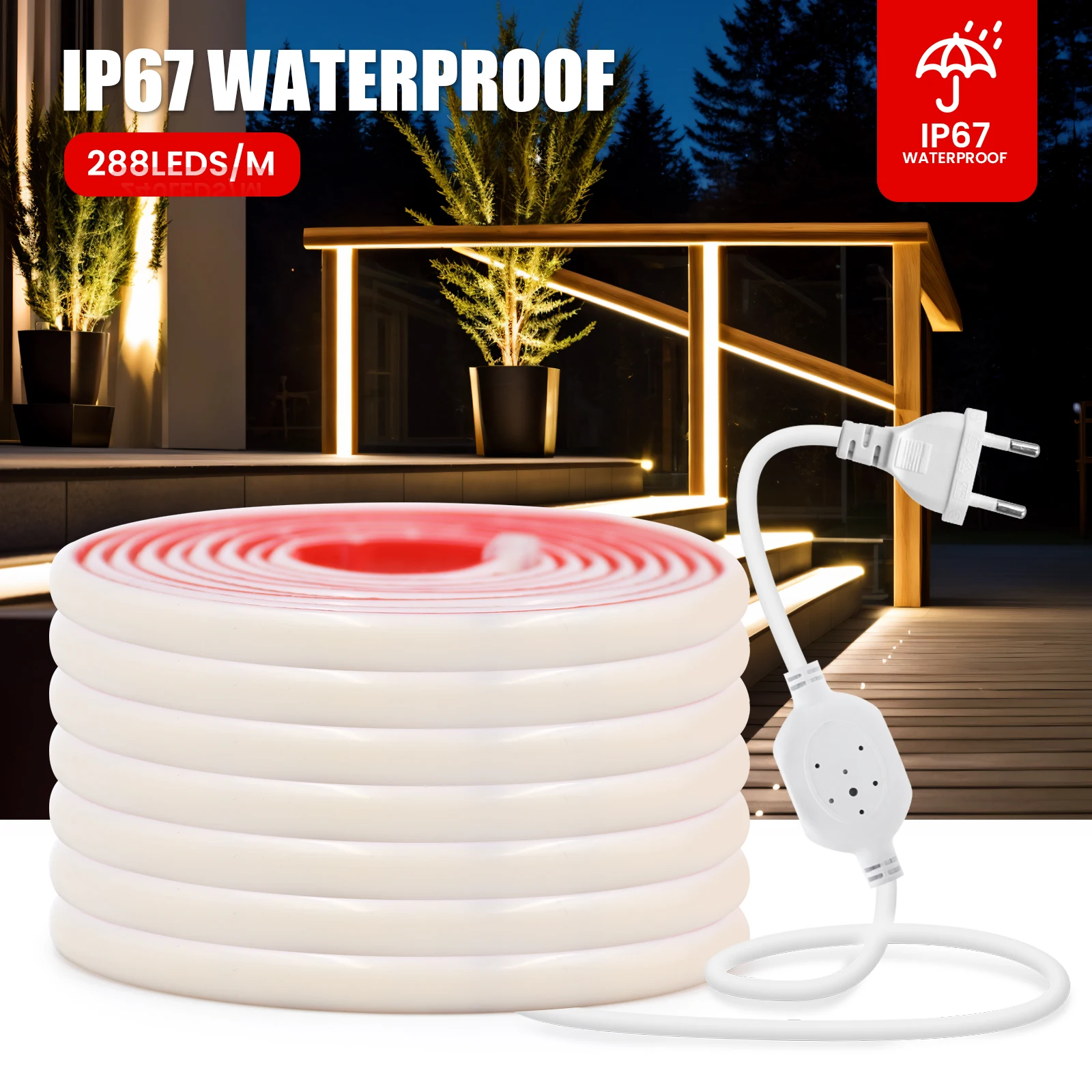

COB LED Strip 220V 288LEDs/m Adhesive Tape with EU UK Plug IP67 Waterproof Flexible Ribbon for Room Outdoor Garden Lighting