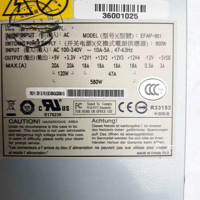 For Lenovo Server Power Supply for R510 G6 EFAP-601 36001025 600W 100% Test Before Delivery