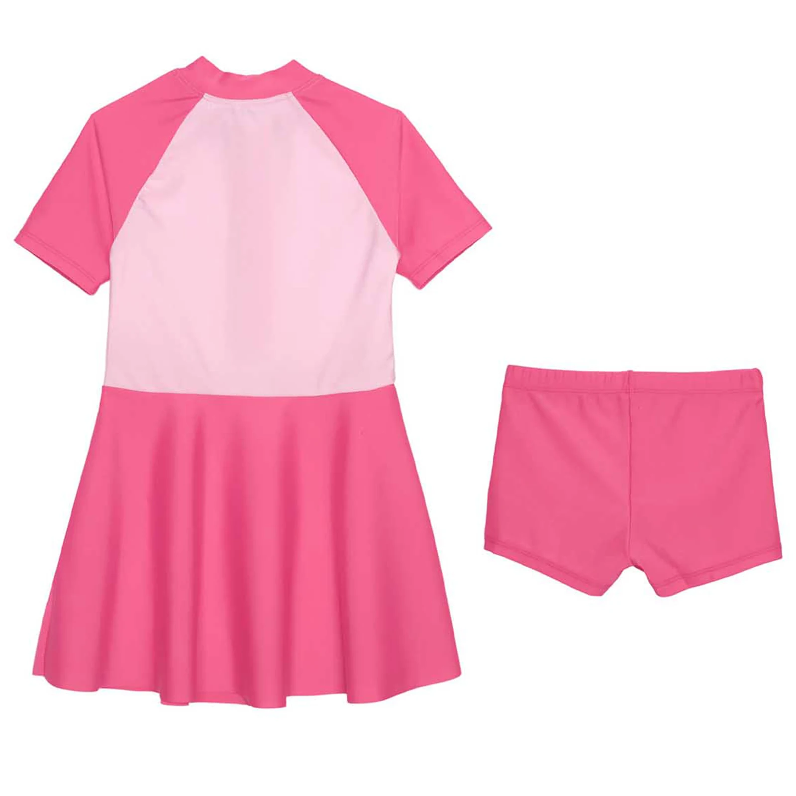 Kids Girls 2-Piece Rash Guard Swimsuit Bathing Suit Beach Swimwear Short Sleeve Front Zipper Contrast Color Dress with Shorts