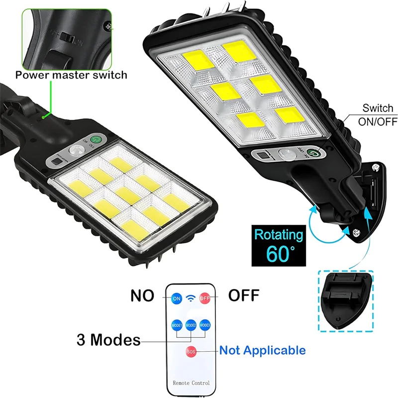 Impermeável LED Wall Solar Sensor Lamp, Street Lamp, ao ar livre, Segurança, 3 modos de luz, Jardim, Pátio, Caminho, 108, 180, COB