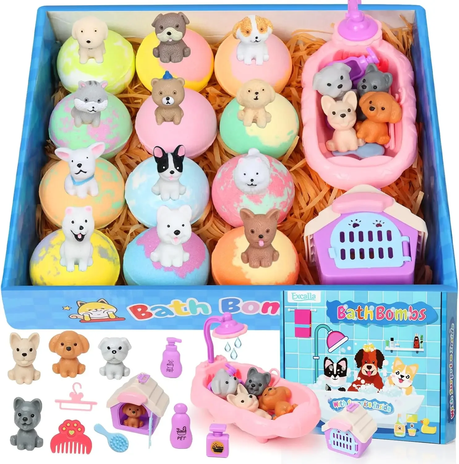 

12 Pack Bath Bombs for Kids with Surprise Dog Toys Inside, Handmade Fizzies, Gift Set for Girls Boys