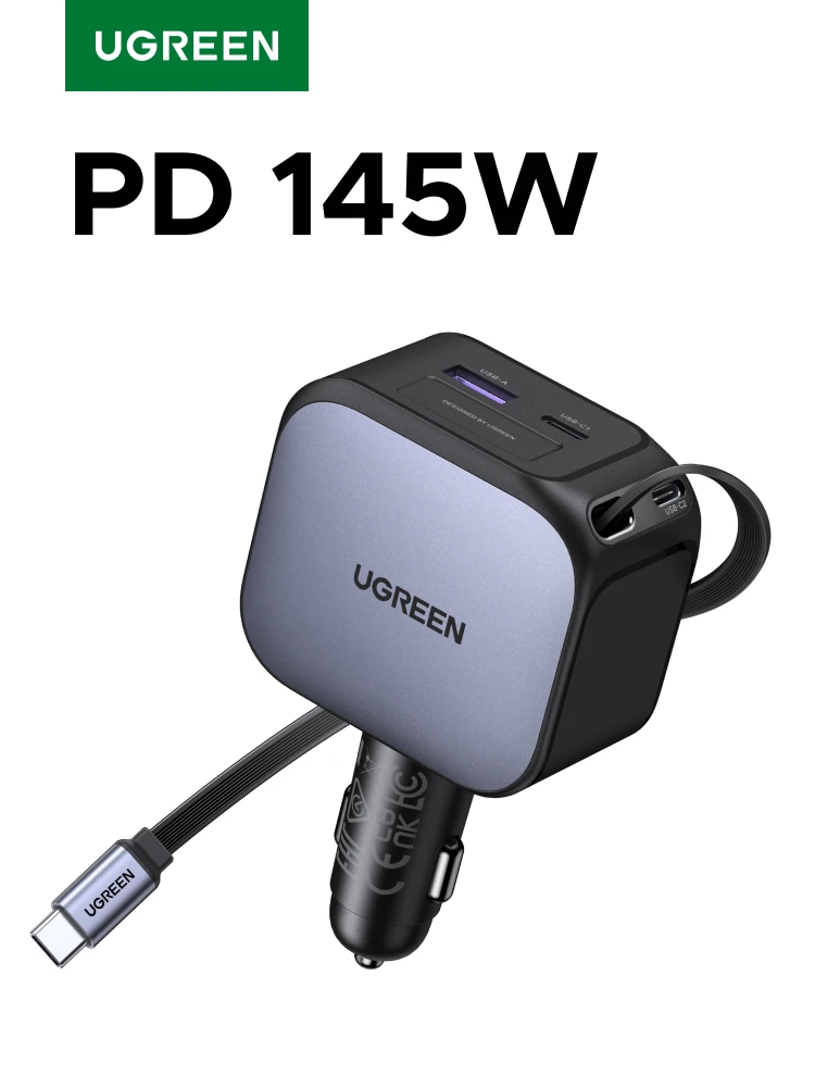 UGREEN 145W 90W 60W – ładowarka samochodowa z 3 portami USB-C i 1 portem USB-A, obsługująca szybkie ładowanie PD QC4.0, z wysuwanym kablem, kompatybilna z iPhone 18, 17 i MacBook. — zdjęcie produktu 7
