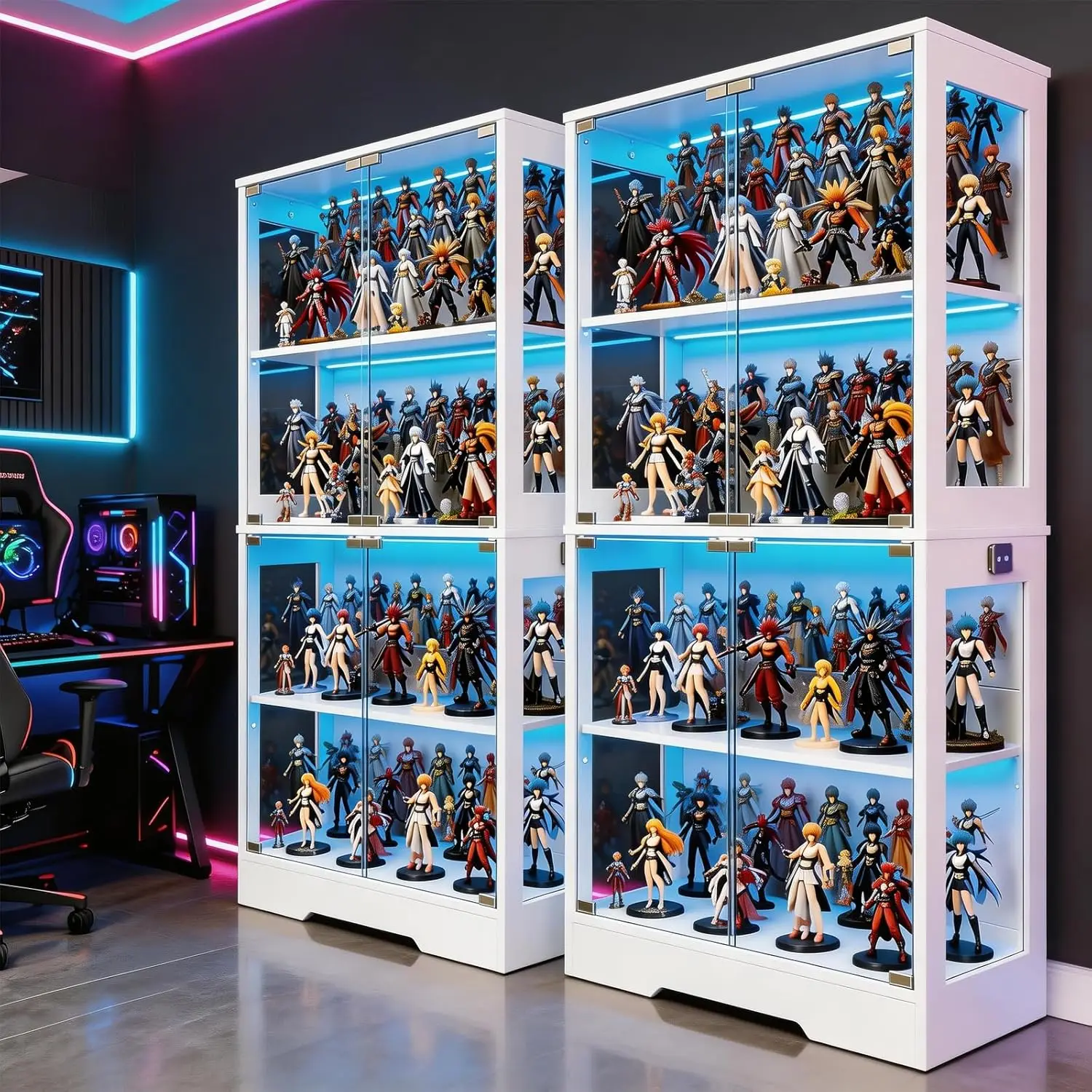 

2 Pack 5.5 Ft Display Cabinet with Glass Doors, 4-Tier Curio Cabinet W/ 3 Color Lights for