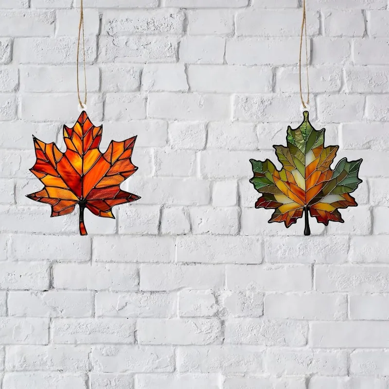 2 Pieces Maple Leaf Ornaments, Acrylic Window Hanging Decorations, Suncatcher Decor For Thanksgiving Festival Party Supplies