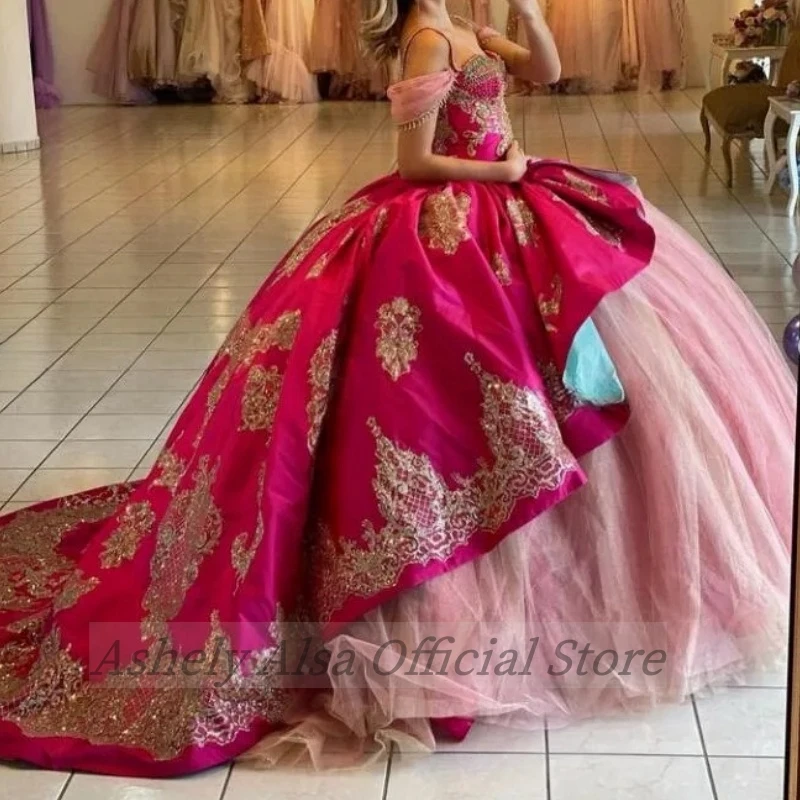 Maßgeschneiderte fuchsia rosa süße 16-jährige Quinceanera-Kleider für Mädchen, schulterfrei, Perlenapplikation, Abschlussball, Vestido de la Princesa Jasmine de