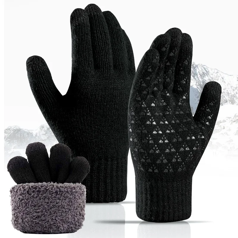 Double Layer Fleece Touchscreen Knitted Gloves Men Winter Driving Cycling Warm Thick Windproof Cold Resistant for Outdoor Sports
