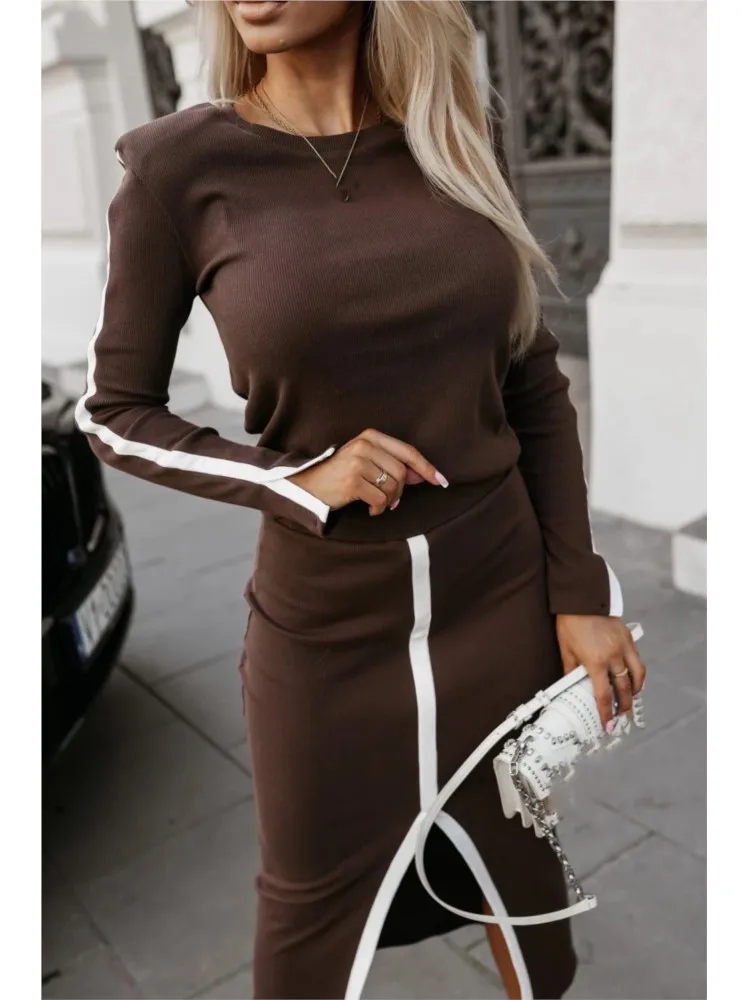 2025 Spring Autumn Elegant Sexy High Slit Skirts Outfit Women Long Sleeve Matching Sets Casual Solid Patchwork Ladies Suits New image 4