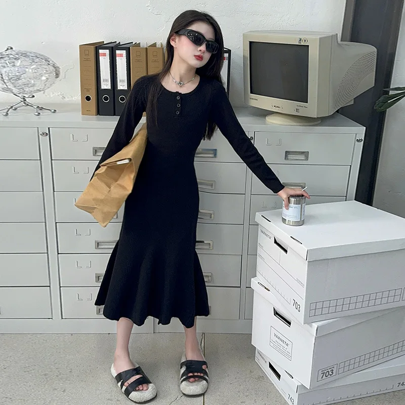 1pc 2026 new French spring  winter slim Kids girl clothes long princess party Fishtail Dresses teenager 4 5 6 8 9 10 14 12 year
