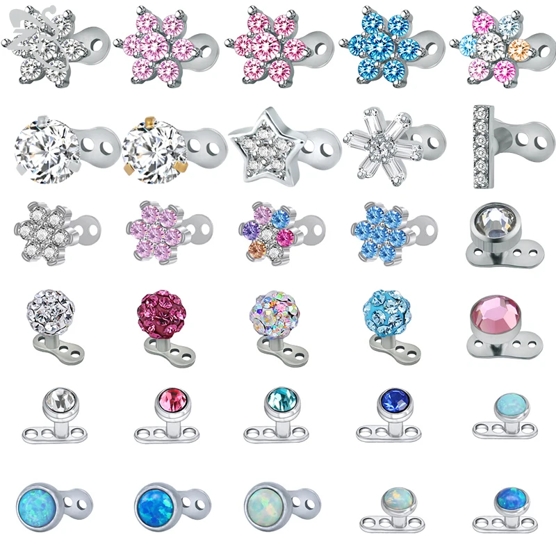 ZS 2PCS/LOT CZ Crystal Opal Skin Diver Round Dermal Piercings Flower 316L Stainless Steel Micro Dermal Anchor Hide in Surface