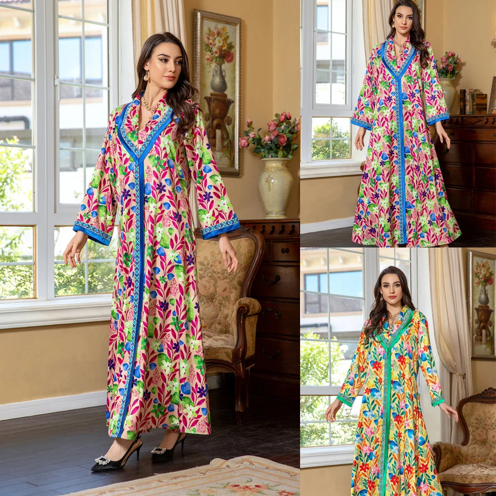 

New Spring Dubai Muslim Fashion Dress Diamonds Caftan for Occasions Floral Print Long Loose Dress Moroccan Caftan Women Ramadan