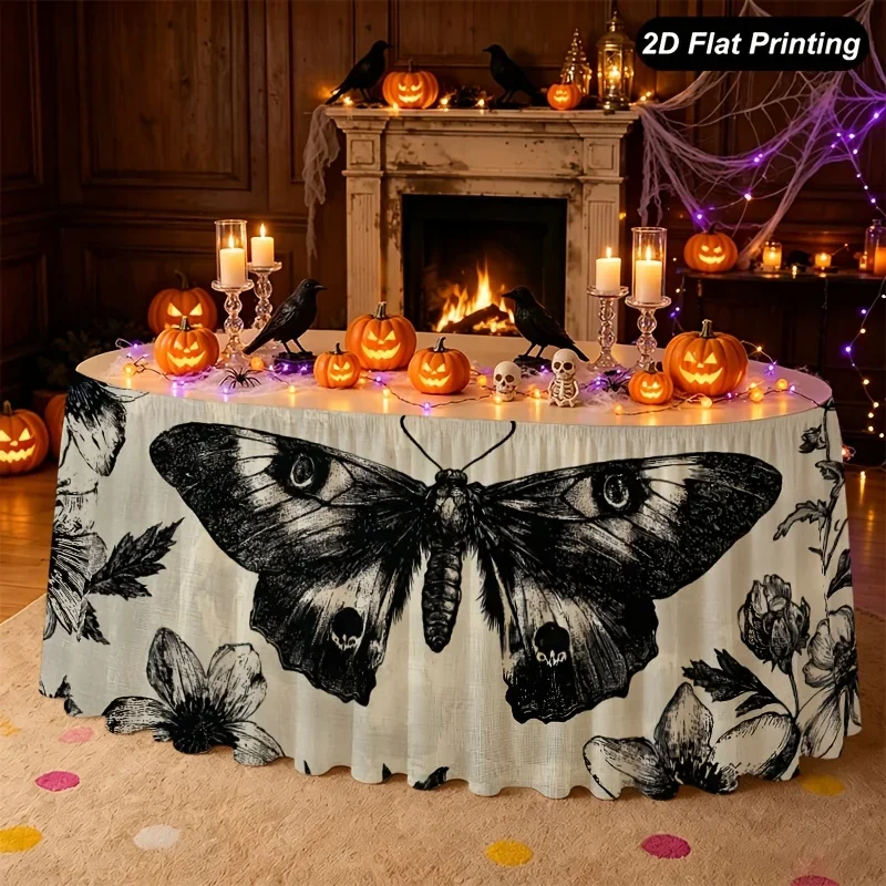 1pc Halloween table skirt, with ghost face, butterfly flower patterns in black and white. Suitable for Halloween.xzj