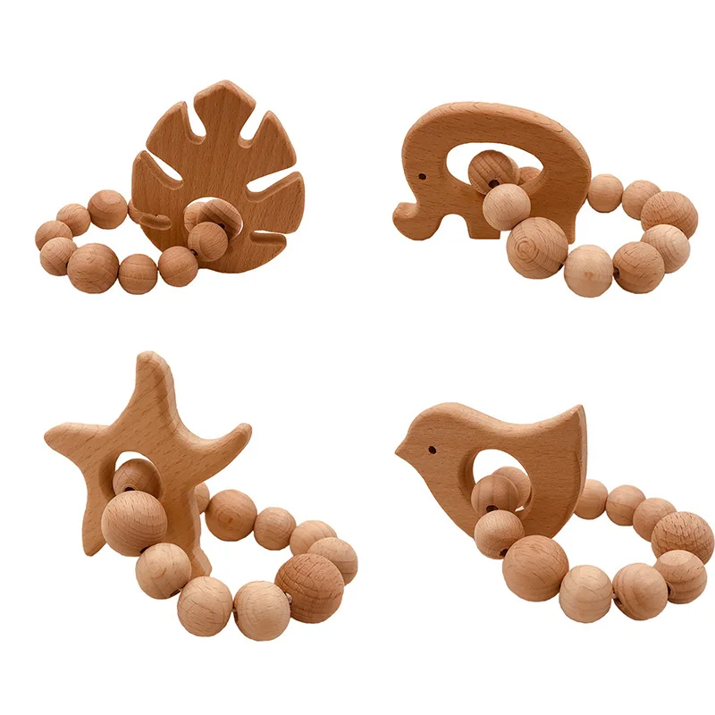 

Baby Teething Bracelet Hand Grip Soothing Toys A Variety of Optional Wooden Beech Ball Cartoon Animal Shape Teething Glue