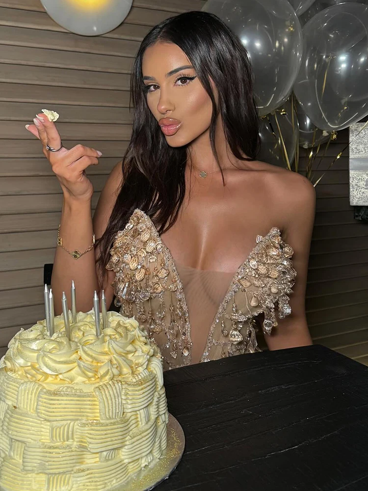 فستان جديد عميق على شكل حرف V شفاف من الماس بدون حمالات بدون حمالات فستان للسيدات لحفلات الكوكتيل فستان سهرة لصيف 2025 #4