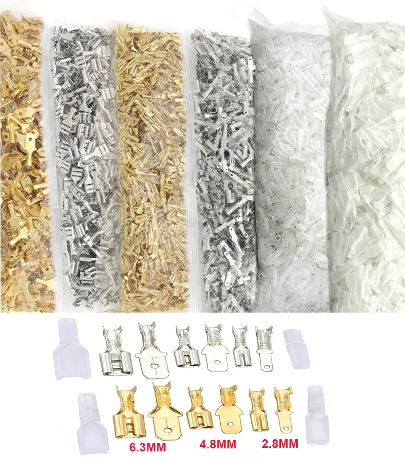 

Gold/Silver 2000 Pcs 2.8/4.8mm 5000Pcs 6.3mm Female+Male Crimp Terminal Connector Brass Car Speaker Electric Wire Connectors Set