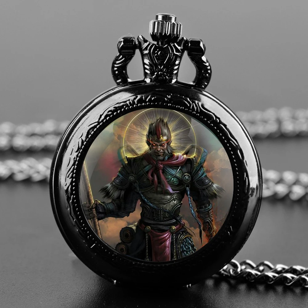 Reloj de bolsillo de cuarzo con diseño de Goku mítico negro wukong, reloj colgante Vintage, reloj de cadena, regalo para hombres y niños