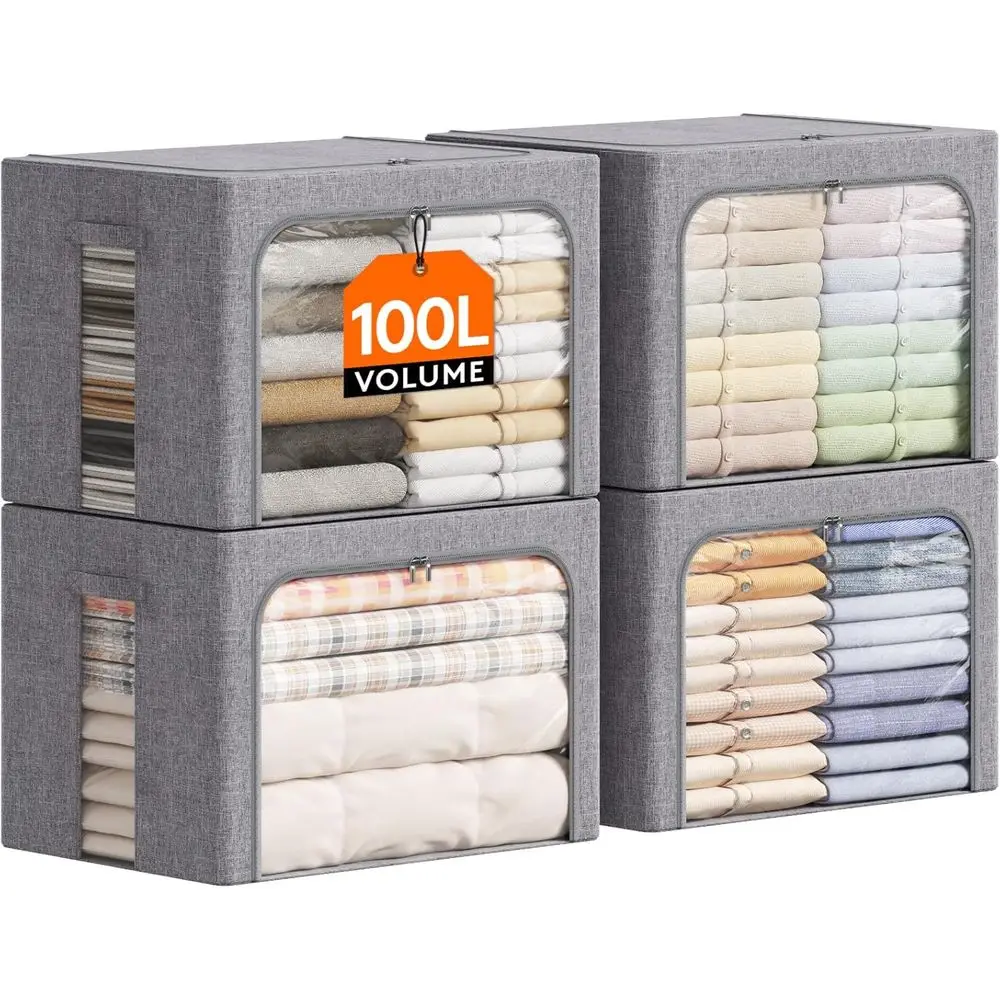 

Clothes Storage Bins with Metal Frame, Stackable Storage Box, Foldable Clothing Storage Bins with Lids, 100L Storage Bags Fabric